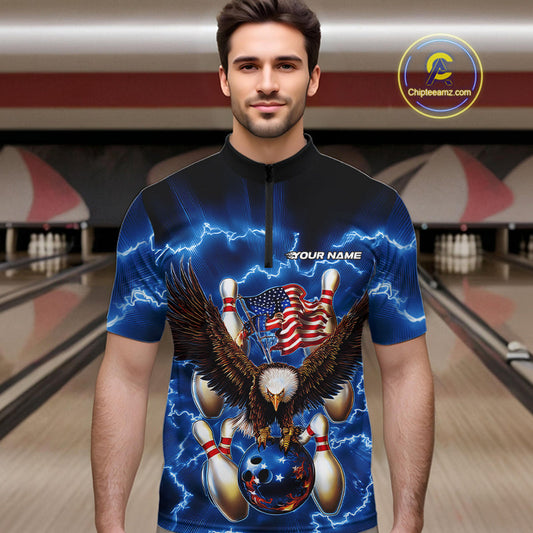 Custom Blue Lightning US Flag Eagle Bowling Team Quarter-Zip Shirts For Men, Patriotic Bowling IPHW9479