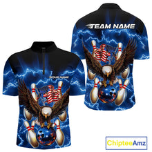 Load image into Gallery viewer, Custom Blue Lightning US Flag Eagle Bowling Team Quarter-Zip Shirts For Men, Patriotic Bowling IPHW9479