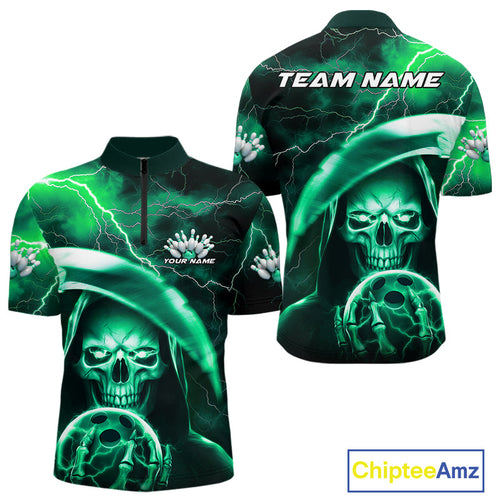 Custom Green Thunder Lightning Grim Reaper Skull Halloween Bowling Quarter-Zip Shirts For Men IPHW9852