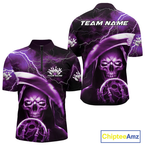 Custom Purple Thunder Lightning Grim Reaper Skull Halloween Bowling Quarter-Zip Shirts For Men IPHW9853
