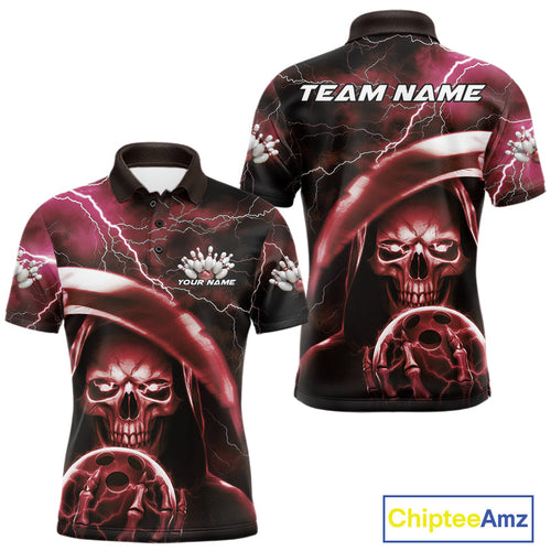 Custom Red Thunder Lightning Grim Reaper Skull Halloween Bowling Polo Shirts For Men IPHW9854
