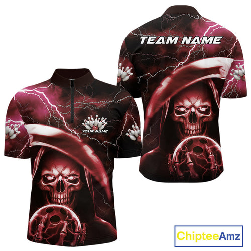 Custom Red Thunder Lightning Grim Reaper Skull Halloween Bowling Quarter-Zip Shirts For Men IPHW9854