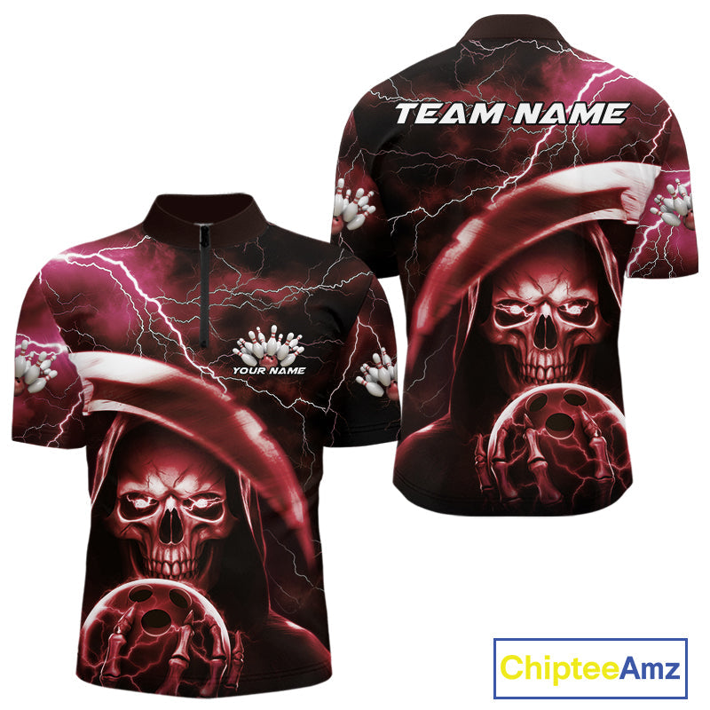 Custom Red Thunder Lightning Grim Reaper Skull Halloween Bowling Quarter-Zip Shirts For Men IPHW9854