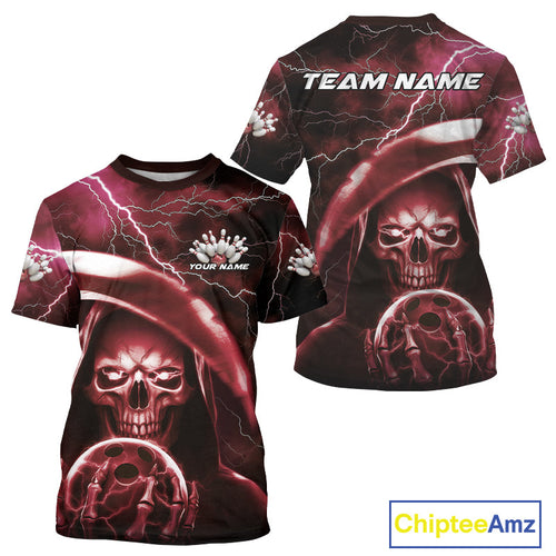 Custom Red Thunder Lightning Grim Reaper Skull Halloween Bowling T-Shirts For Men IPHW9854