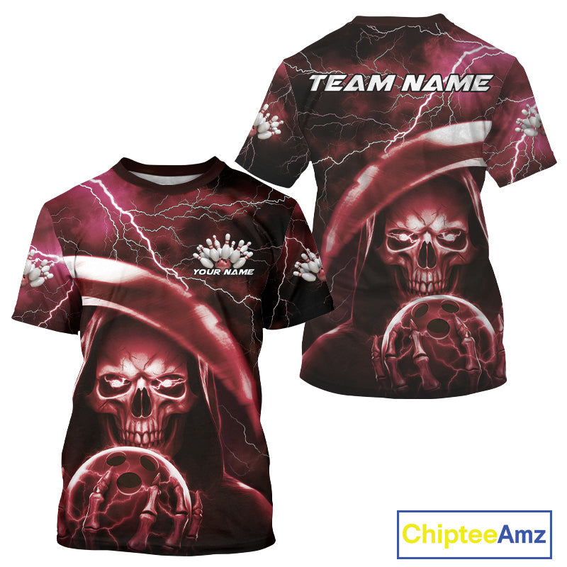 Custom Red Thunder Lightning Grim Reaper Skull Halloween Bowling T-Shirts For Men IPHW9854