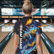 Load image into Gallery viewer, Custom Blue Fire Flame Tiger Bowling Team Polo Shirts For Women, Tiger Bowling Jerseys IPHW9482