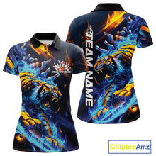 Load image into Gallery viewer, Custom Blue Fire Flame Tiger Bowling Team Polo Shirts For Women, Tiger Bowling Jerseys IPHW9482