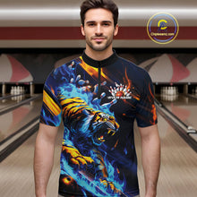 Load image into Gallery viewer, Custom Blue Fire Flame Tiger Bowling Team Quarter-Zip Shirts For Men, Tiger Bowling Jerseys IPHW9482
