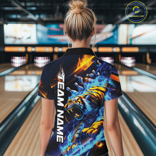 Load image into Gallery viewer, Custom Blue Fire Flame Tiger Bowling Team Women Quarter-Zip Shirts, Tiger Bowling Jerseys IPHW9482