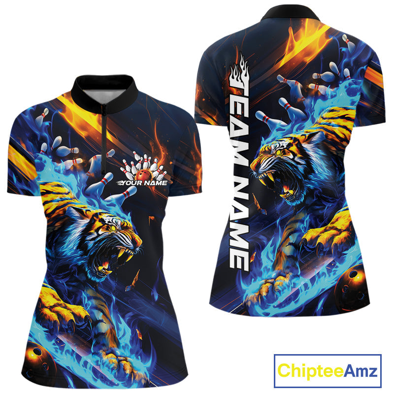 Custom Blue Fire Flame Tiger Bowling Team Women Quarter-Zip Shirts, Tiger Bowling Jerseys IPHW9482