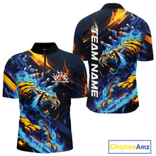 Load image into Gallery viewer, Custom Blue Fire Flame Tiger Bowling Team Quarter-Zip Shirts For Men, Tiger Bowling Jerseys IPHW9482