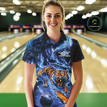 Load image into Gallery viewer, Custom Blue Fire Flame Tiger Bowling Team Polo Shirts For Women, Tiger Bowling Jerseys IPHW9484