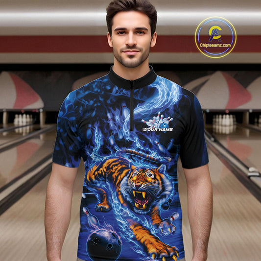Custom Blue Fire Flame Tiger Bowling Team Quarter-Zip Shirts For Men, Tiger Bowling Jerseys IPHW9484