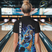 Load image into Gallery viewer, Custom Blue Fire Flame Tiger Bowling Team Polo Shirts For Women, Tiger Bowling Jerseys IPHW9485