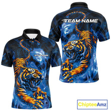 Load image into Gallery viewer, Custom Blue Fire Flame Tiger Bowling Team Polo Shirts For Men, Tiger Bowling Jerseys IPHW9486