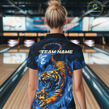 Load image into Gallery viewer, Custom Blue Fire Flame Tiger Bowling Team Women Quarter-Zip Shirts, Tiger Bowling Jerseys IPHW9486