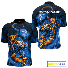Load image into Gallery viewer, Custom Blue Fire Flame Tiger Bowling Team Quarter-Zip Shirts For Men, Tiger Bowling Jerseys IPHW9486