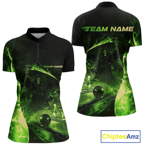 Custom Green Fire Flame Grim Reaper Bowling Women Quarter-Zip Shirts, Halloween Outfit IPHW9712