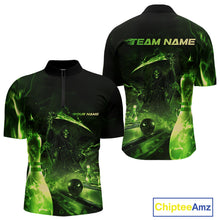 Load image into Gallery viewer, Custom Green Fire Flame Grim Reaper Bowling Quarter-Zip Shirts For Men, Halloween Bowlers Outfit IPHW9712