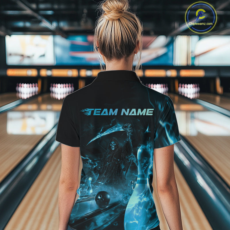 Custom Blue Fire Flame Grim Reaper Bowling Women Quarter-Zip Shirts, Halloween Outfit IPHW9713