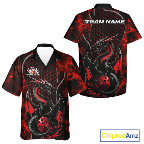 Custom Black And Red Fire Flame Dragon Bowling Hawaiian Shirt For Men And Women, Dragon Bowling Jersey IPHW9864