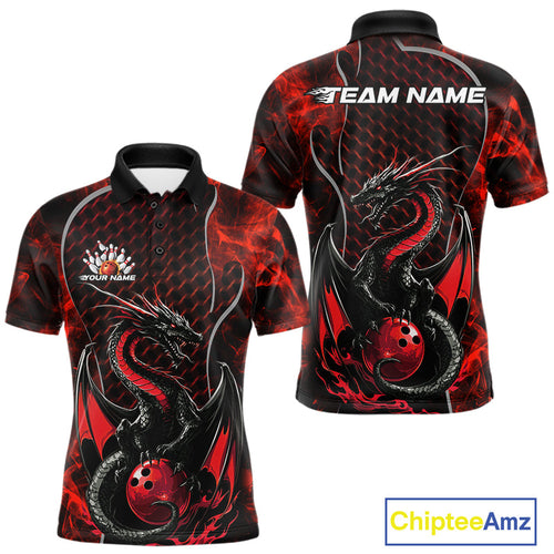 Custom Black And Red Fire Flame Dragon Bowling Polo Shirt For Men, Dragon Bowling Jersey IPHW9864