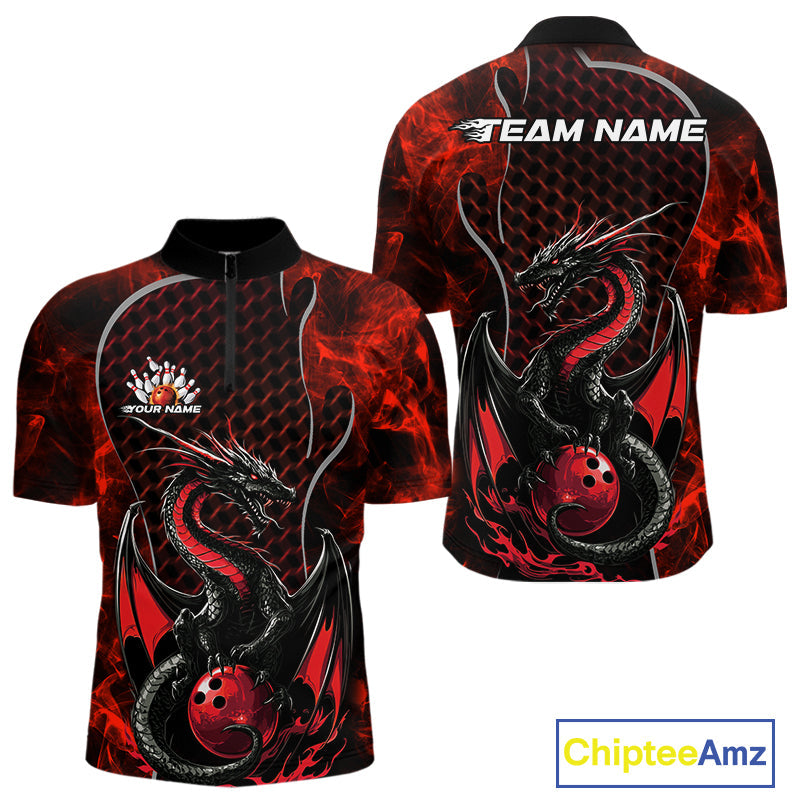 Custom Black And Red Fire Flame Dragon Bowling Quarter-Zip Shirt For Men, Dragon Bowling Jersey IPHW9864