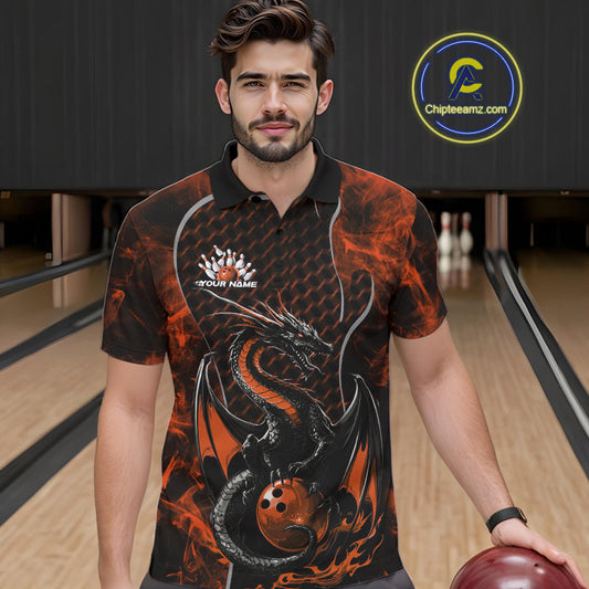 Custom Black And Orange Fire Flame Dragon Bowling Men Polo Shirt, Dragon Bowling Jersey IPHW9867