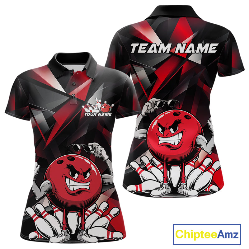 Black And Red Custom Funny Bowling Team Polo Shirts For Women, Bowling Jerseys IPHW9356