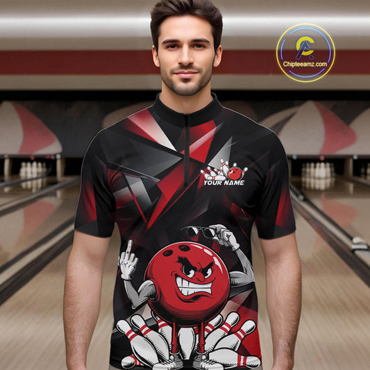 Black And Red Custom Funny Bowling Team Quarter-Zip Shirts For Men, Bowling Jerseys IPHW9356