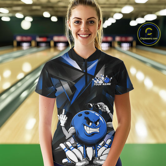 Black And Blue Custom Funny Bowling Team Quarter-Zip Shirts For Women, Bowling Jerseys IPHW9357