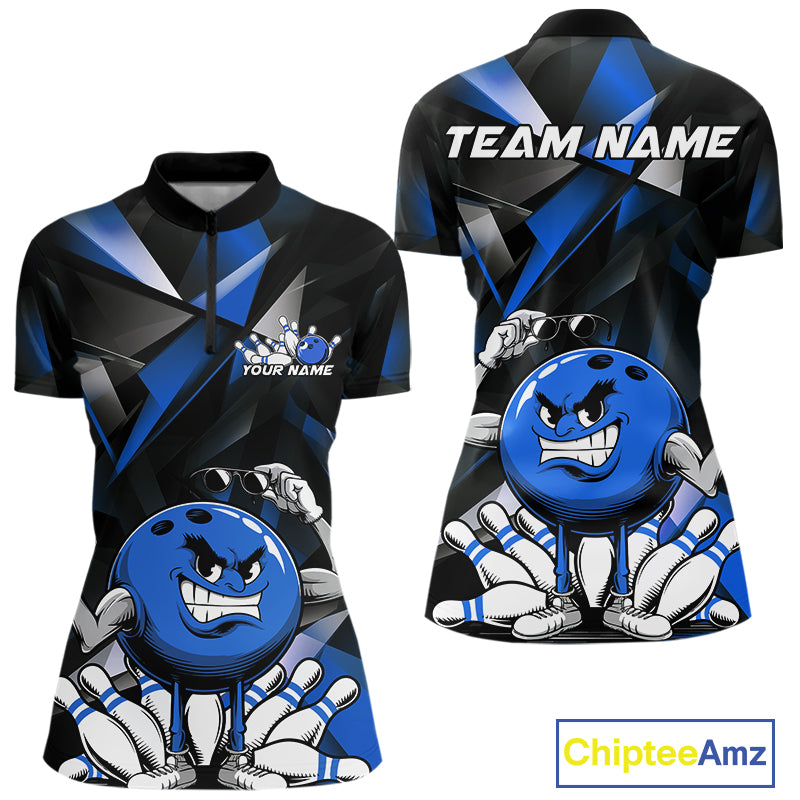 Black And Blue Custom Funny Bowling Team Quarter-Zip Shirts For Women, Bowling Jerseys IPHW9357