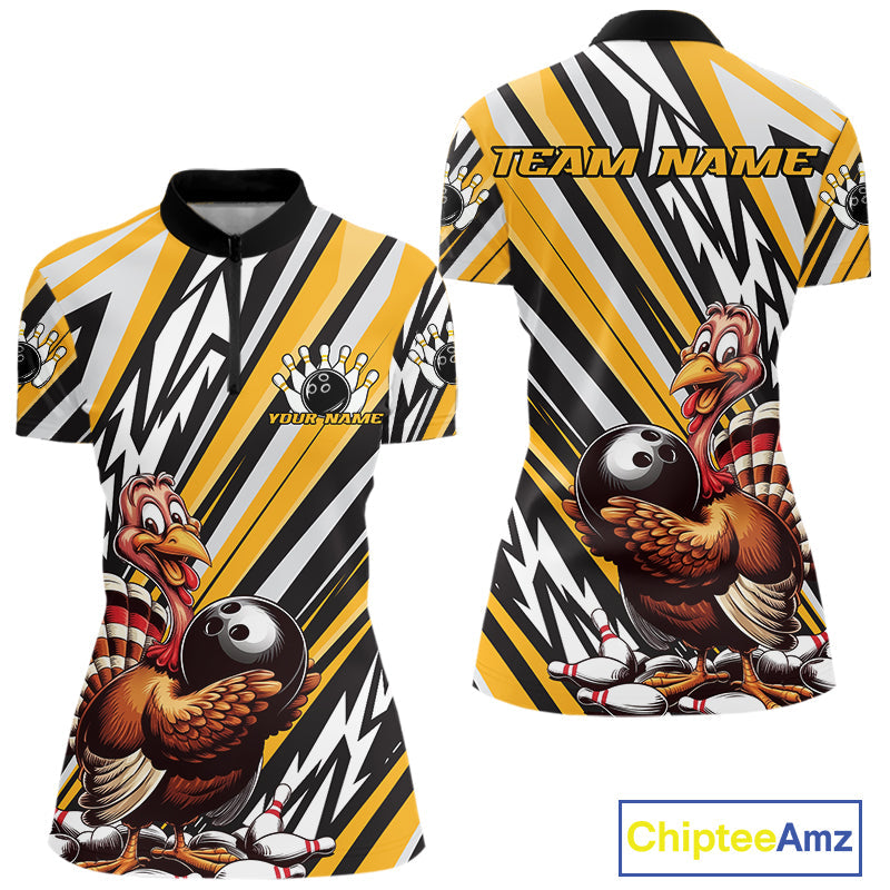 Custom Yellow Funny Thanksgiving Turkey Bowling Women Quarter-Zip Shirts, Bowling Jerseys IPHW9720