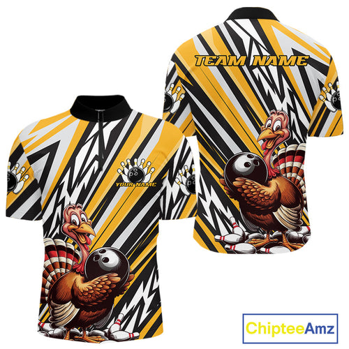 Custom Yellow Funny Thanksgiving Turkey Bowling Team Men Quarter-Zip Shirts, Bowling Jerseys IPHW9720