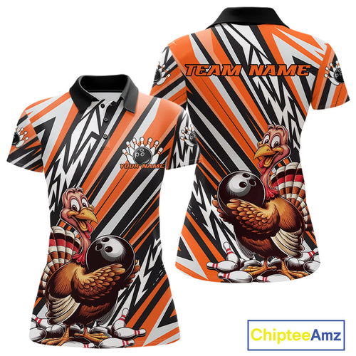 Custom Orange Funny Thanksgiving Turkey Bowling Team Women Polo Shirts, Bowling Jerseys IPHW9721