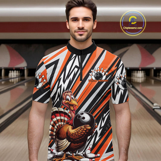 Custom Orange Funny Thanksgiving Turkey Bowling Team Men Quarter-Zip Shirts, Bowling Jerseys IPHW9721