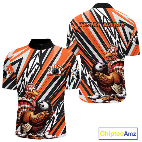 Custom Orange Funny Thanksgiving Turkey Bowling Team Men Quarter-Zip Shirts, Bowling Jerseys IPHW9721
