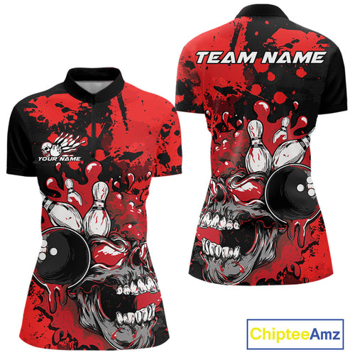 Custom Black And Red Splatter Skull Bowling Women Quarter-Zip Shirt, Halloween Bowler IPHW9725