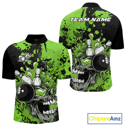 Custom Black And Green Splatter Skull Bowling Team Men Quarter-Zip Shirt, Halloween Outfit IPHW9728