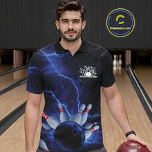 Load image into Gallery viewer, Custom Blue Thunder Lightning Bowling Ball And Pins Polo Shirts For Men, Team Uniform IPHW9506