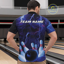 Load image into Gallery viewer, Custom Blue Thunder Lightning Bowling Ball And Pins Quarter-Zip Shirts For Men, Team Uniform IPHW9506