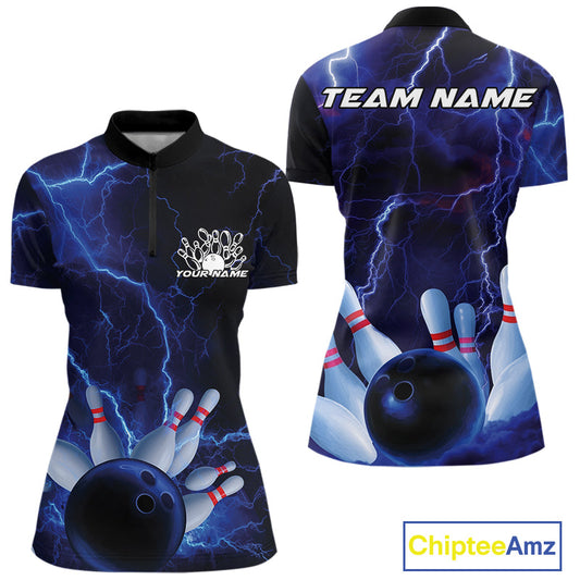 Custom Blue Thunder Lightning Bowling Ball And Pins Women Quarter-Zip Shirt, Team Uniform IPHW9506