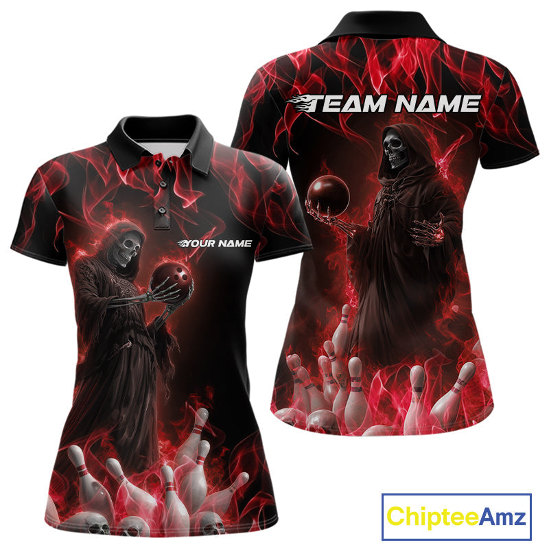 Custom Red Flame Grim Reaper Bowling Polo Shirts For Women, Halloween Bowling Outfit IPHW9730