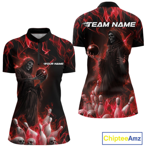 Custom Red Flame Grim Reaper Bowling Women Quarter-Zip Shirts, Halloween Bowling Outfit IPHW9730