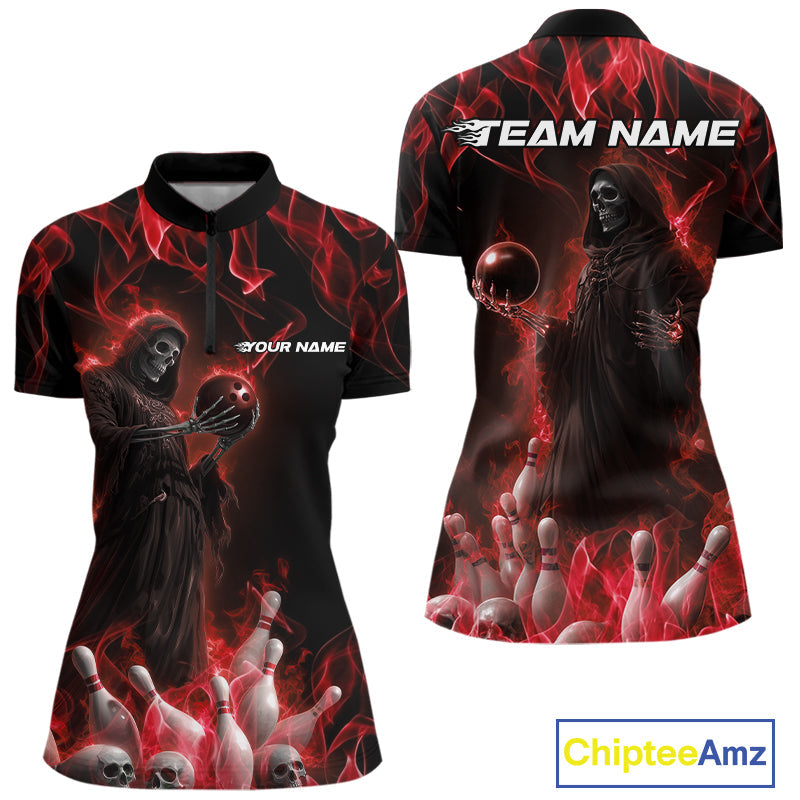 Custom Red Flame Grim Reaper Bowling Women Quarter-Zip Shirts, Halloween Bowling Outfit IPHW9730
