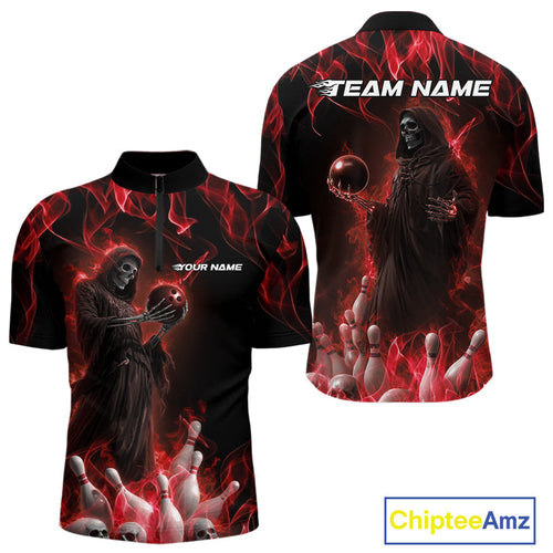 Custom Red Flame Grim Reaper Bowling Quarter-Zip Shirts For Men, Halloween Bowling Outfit IPHW9730