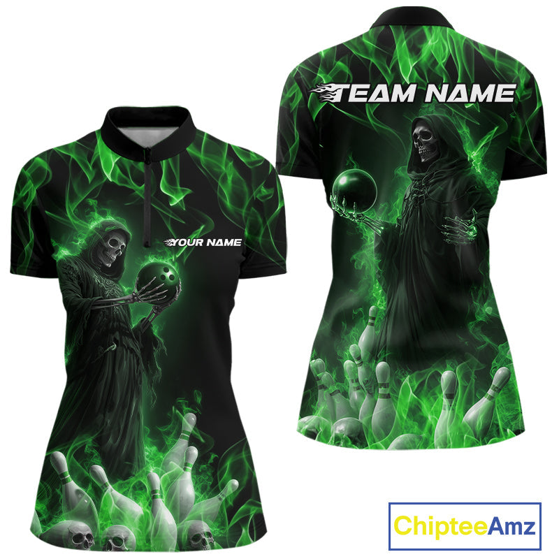 Custom Green Flame Grim Reaper Bowling Women Quarter-Zip Shirts, Halloween Bowling Outfit IPHW9731