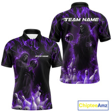 Load image into Gallery viewer, Custom Purple Flame Grim Reaper Bowling Polo Shirts For Men, Halloween Bowling Outfit IPHW9732