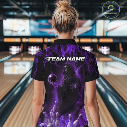 Custom Purple Flame Grim Reaper Bowling Women Quarter-Zip Shirt, Halloween Bowling Outfit IPHW9732