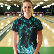 Load image into Gallery viewer, Custom Turquoise Blue Flame Grim Reaper Bowling Women Quarter-Zip Shirt, Halloween Outfit IPHW9733